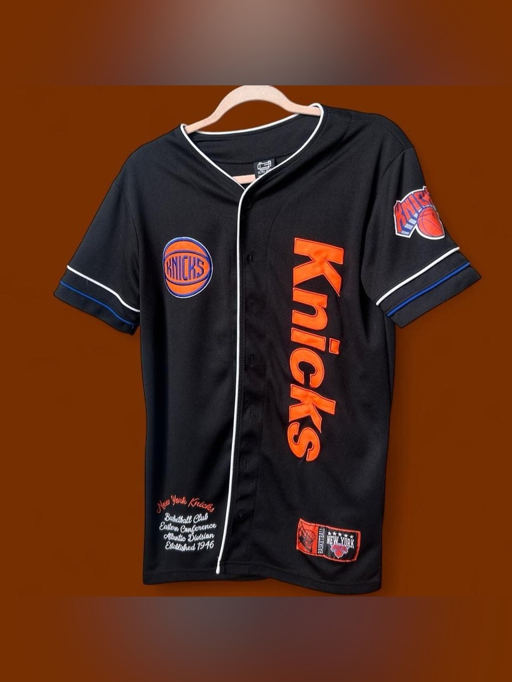 New York Knicks Black Button-Front Jersey Shirt with Orange Logo